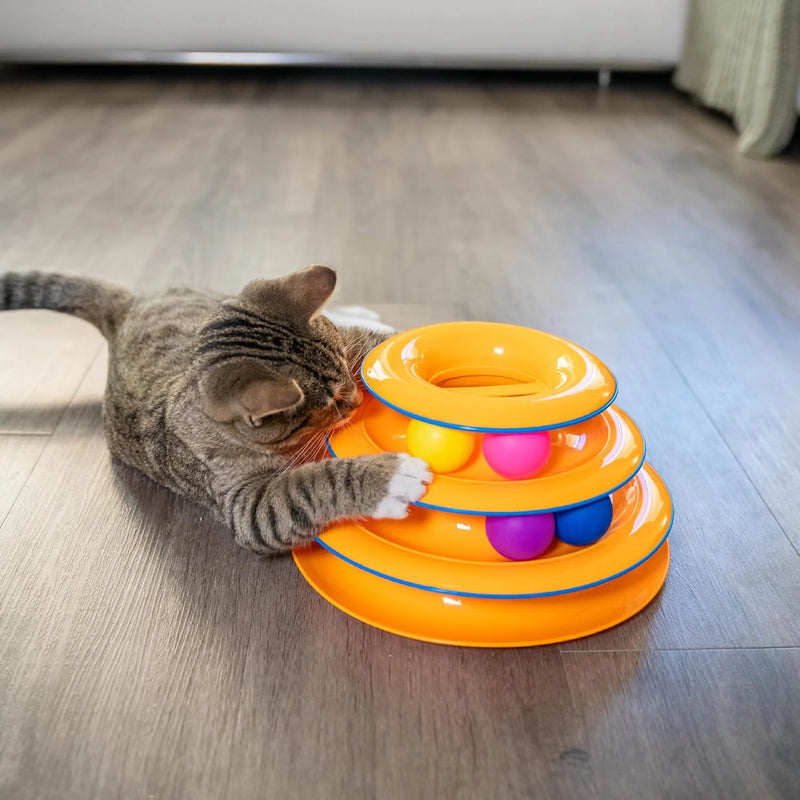 3-Level Interactive Cat Track Tower Toy with 6 Rolling Balls