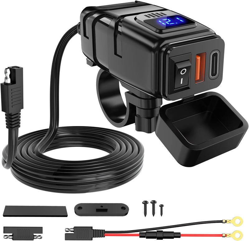 Waterproof Motorcycle USB-C Charger with Voltmeter & Switch